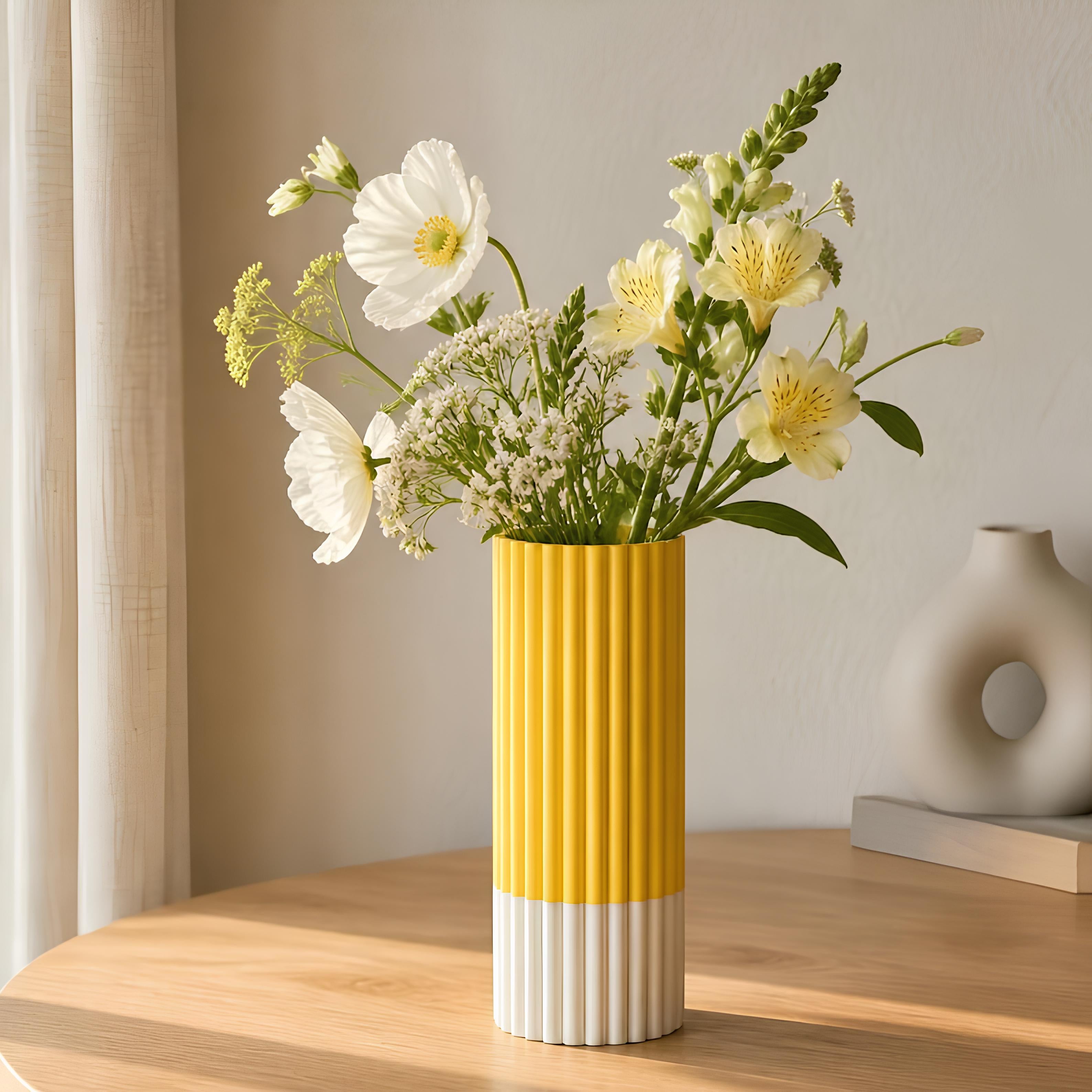 Gerippte Vase mit Glaseinsatz, 3D-Druck, zweifarbig, modern, minimalistisch, Höhe 16 cm, Durchmesser 5 cm
