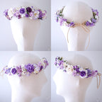 Weiß-violetter Papierblumenkranz als Stirnband – 20 cm, handgemachter Hochzeitshaarschmuck mit verstellbarem Band