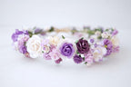 Weiß-violetter Papierblumenkranz als Stirnband – 20 cm, handgemachter Hochzeitshaarschmuck mit verstellbarem Band