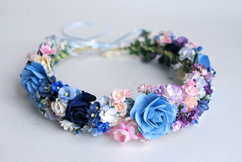 Handgefertigter Papierblumenkranz für Hochzeiten, Haarband aus Wildblumen, Rosa, Lila, Weiß, 20 cm