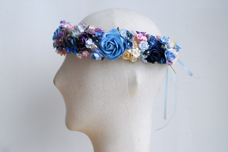 Handgefertigter Papierblumenkranz für Hochzeiten, Haarband aus Wildblumen, Rosa, Lila, Weiß, 20 cm