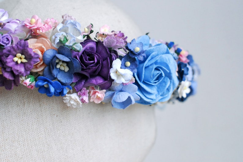 Handgefertigter Papierblumenkranz für Hochzeiten, Haarband aus Wildblumen, Rosa, Lila, Weiß, 20 cm