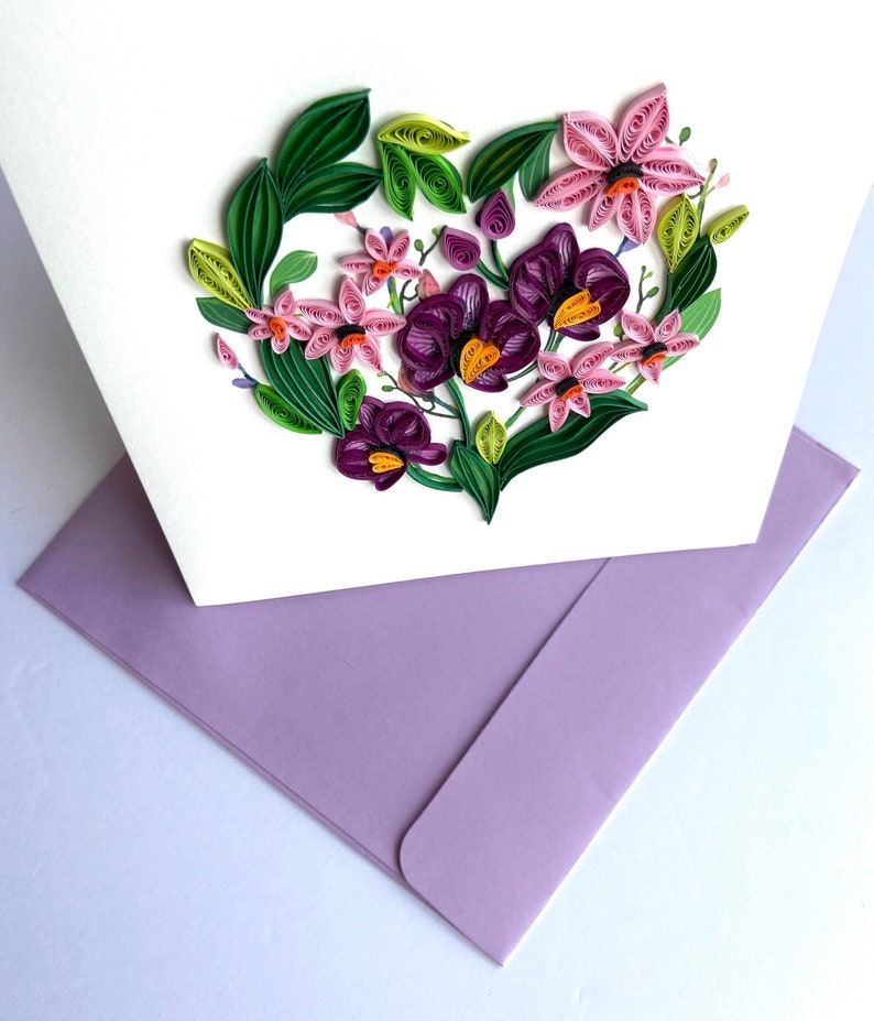 Lila Orchideen Quilling Karte, Kunstpapier, Grußkarte, handgemachte Karte