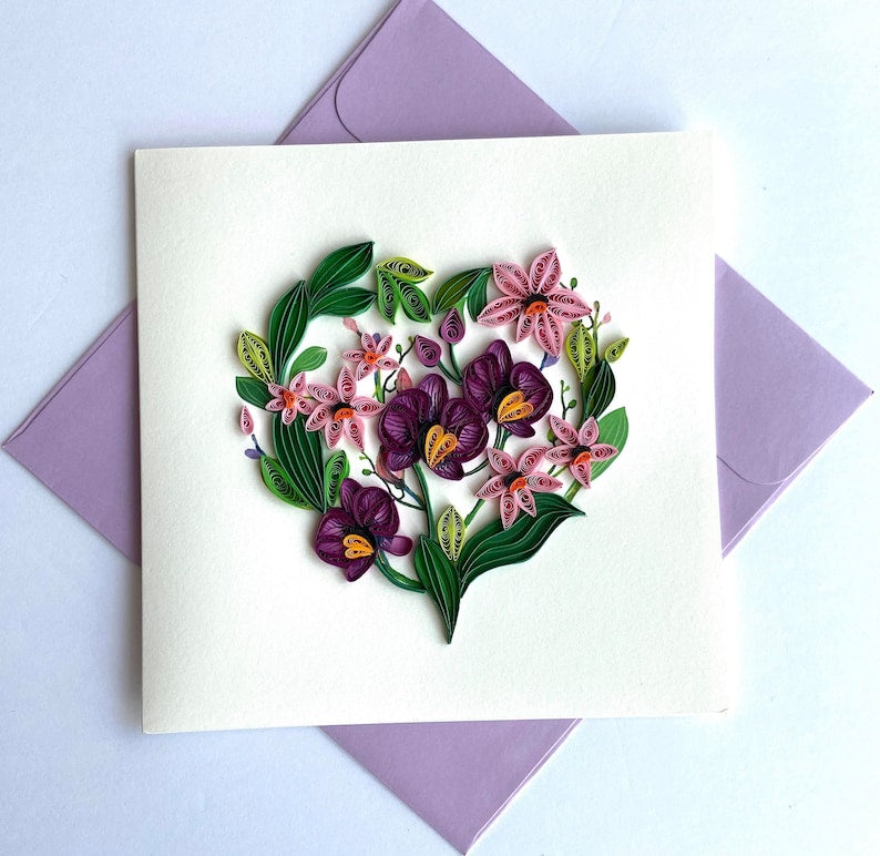 Lila Orchideen Quilling Karte, Kunstpapier, Grußkarte, handgemachte Karte