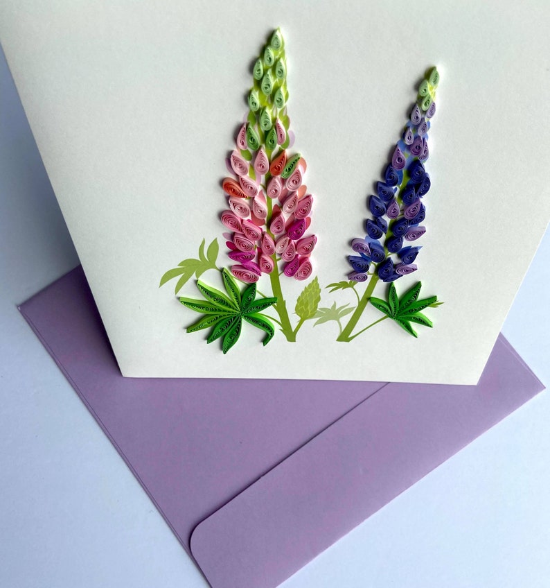 Lupinen Blume Quilling Karte 6x6 Zoll, Kunst Papier Grußkarte, handgemachte Karte mit Umschlag
