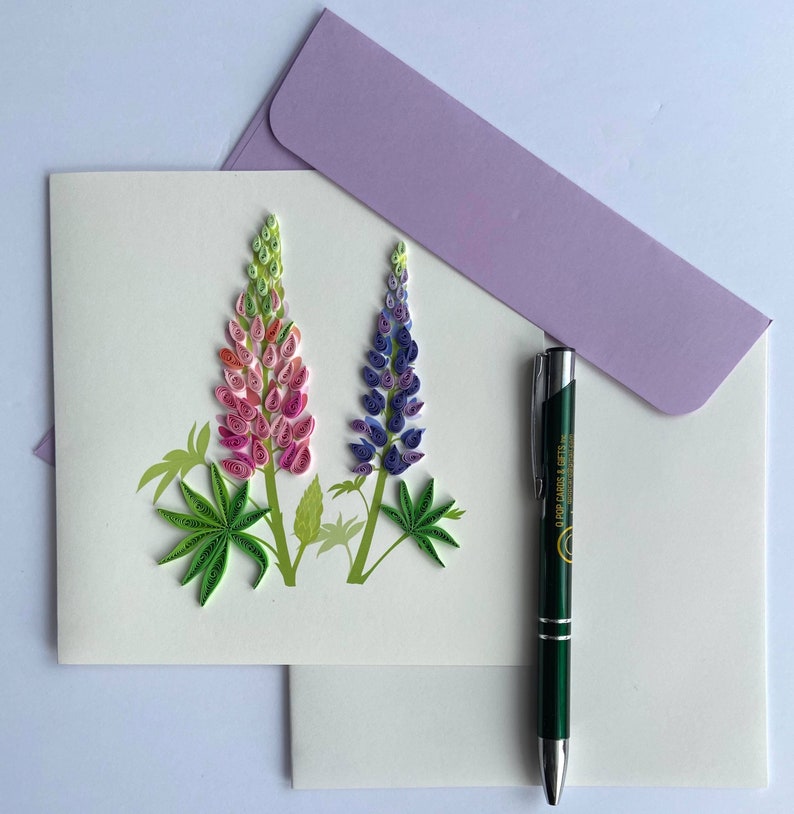Lupinen Blume Quilling Karte 6x6 Zoll, Kunst Papier Grußkarte, handgemachte Karte mit Umschlag