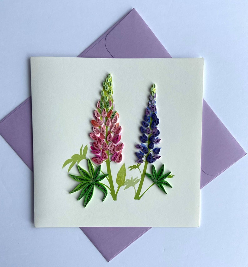 Lupinen Blume Quilling Karte 6x6 Zoll, Kunst Papier Grußkarte, handgemachte Karte mit Umschlag