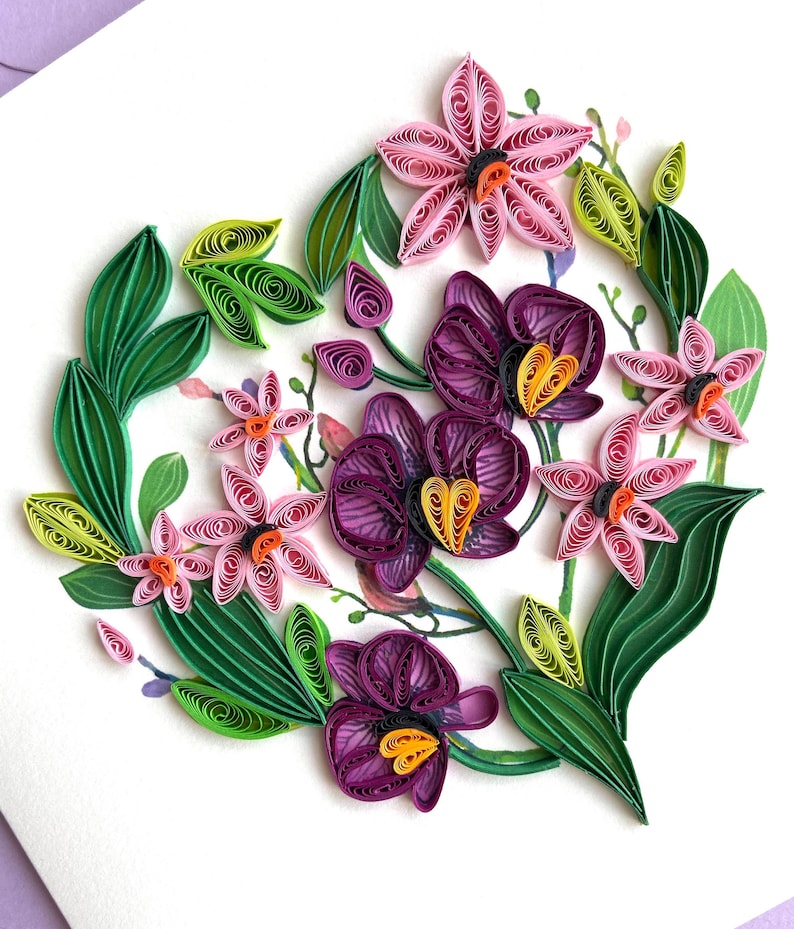 Lila Orchideen Quilling Karte, Kunstpapier, Grußkarte, handgemachte Karte