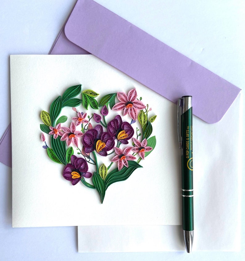 Lila Orchideen Quilling Karte, Kunstpapier, Grußkarte, handgemachte Karte
