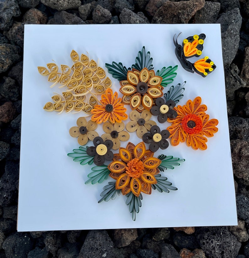 3D Blumenpapier Bild mit Schmetterling | Wand Dekor Braun