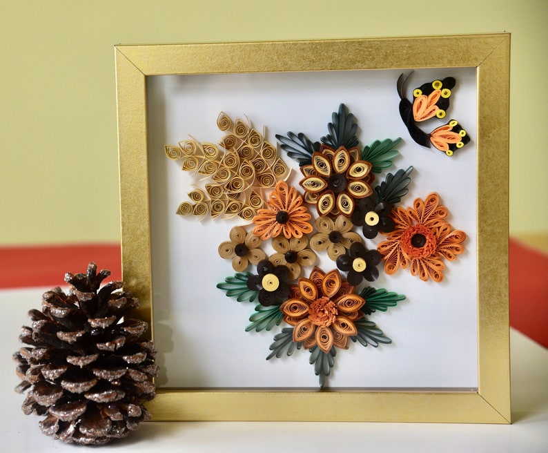 3D Blumenpapier Bild mit Schmetterling | Wand Dekor Braun