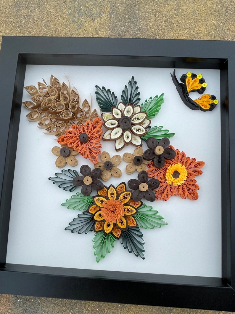 3D Blumenpapier Bild mit Schmetterling | Wand Dekor Braun
