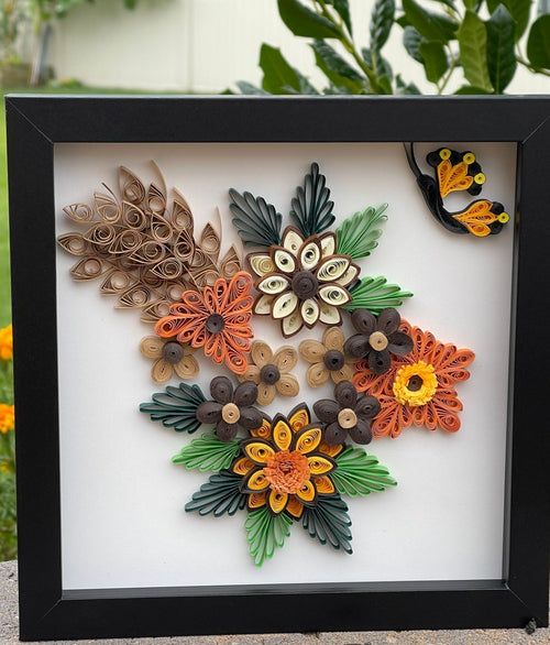 3D Blumenpapier Bild mit Schmetterling | Wand Dekor Braun