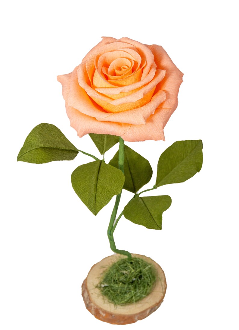 Lebensgroße Papierrose mit geschweiftem Stiel – Tischdekoration, Crepe Blume, Geburtsblume, Geburtstagsgeschenk, Schreibtisch- und Eventdeko