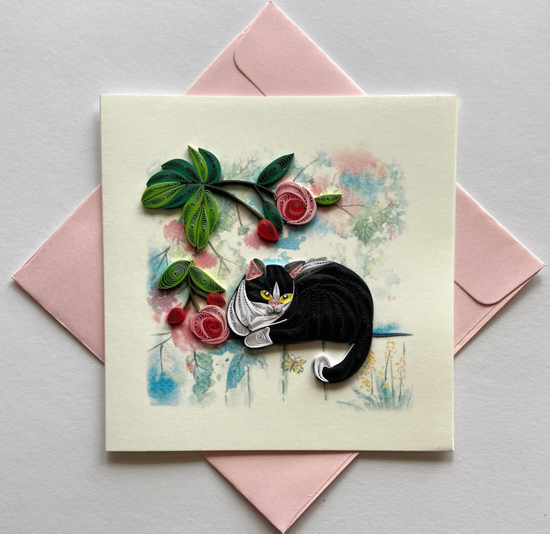 Katze Quilling Karte, Kunstpapier Grußkarte, Handgemachte Karte 6x6 Zoll mit Umschlag
