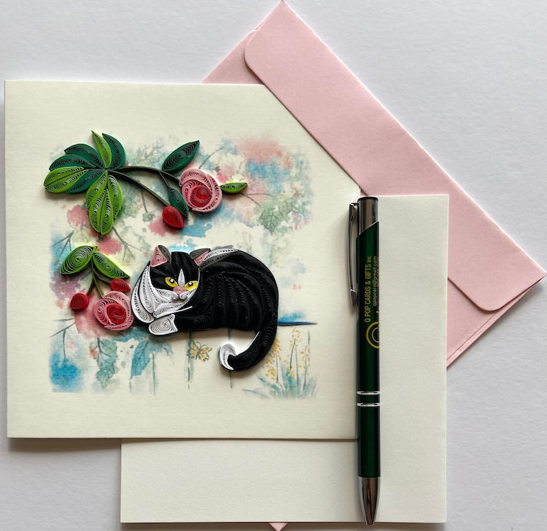 Katze Quilling Karte, Kunstpapier Grußkarte, Handgemachte Karte 6x6 Zoll mit Umschlag