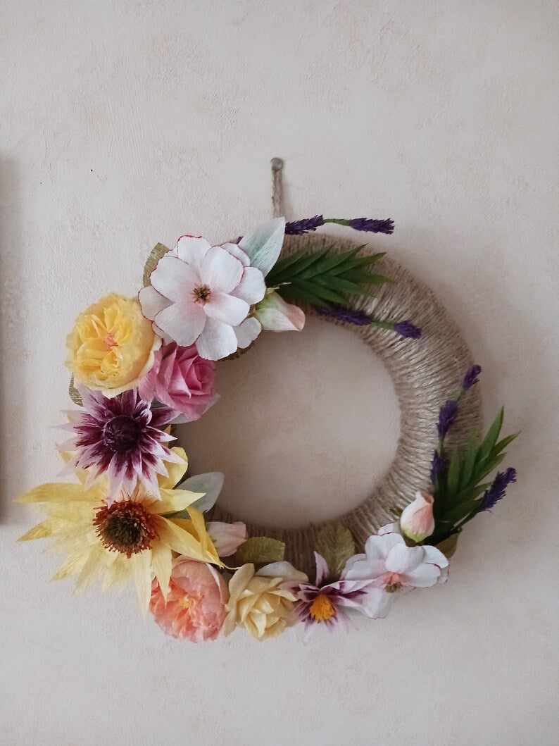 Handgefertigter Crepe-Papier Blumenkranz, UV-geschützt, für Tür- und Wanddekoration