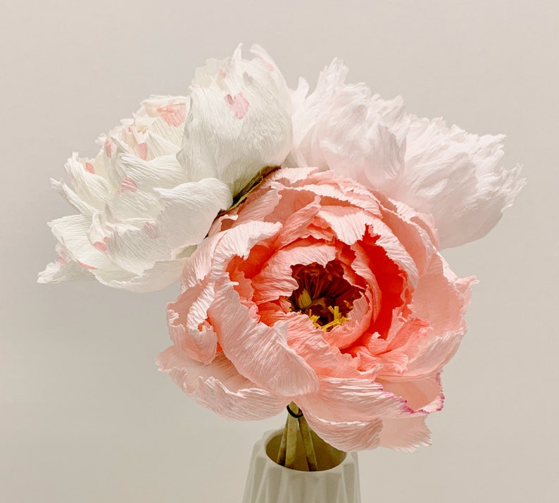 Pfingstrose aus Krepppapier, handgefertigte Hochzeitsstrauß Blume, 12 Zoll Stiel, 5,5 Zoll Blüte
