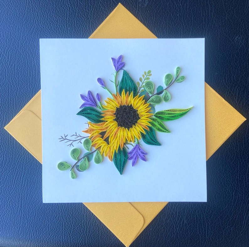 Sonnenblume Quilling Karte, 6x6 Zoll Grußkarte mit Umschlag, handgefertigte Papierkunst