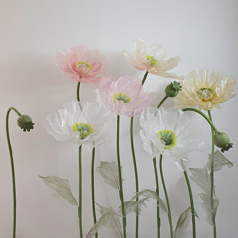 6 Organza Riesenmohnblumen mit 3 Knospen, Übergroße Blumen Hintergrunddekoration für Event & Fenster