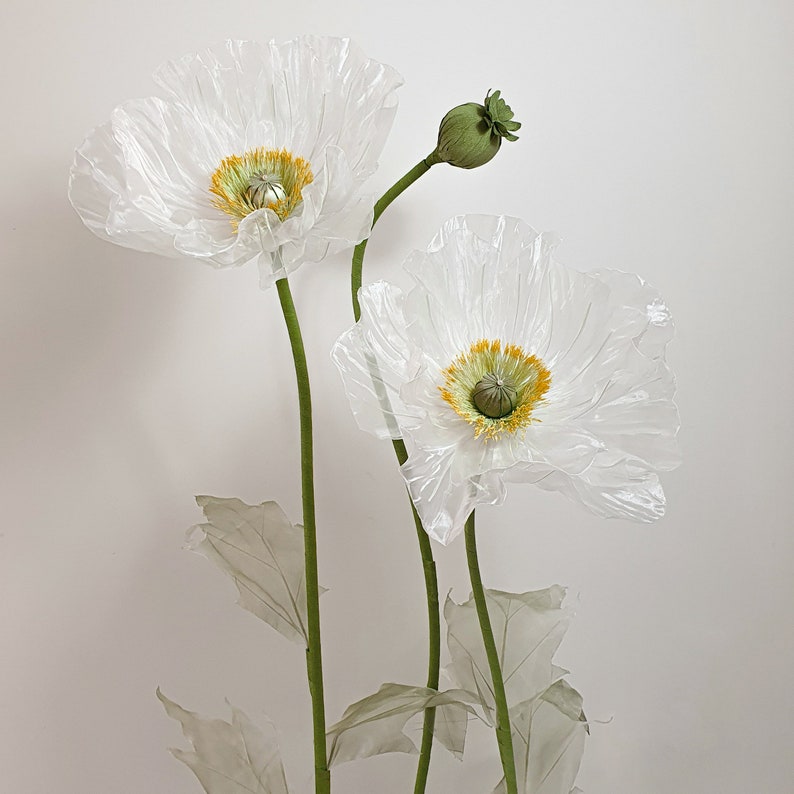 6 Organza Riesenmohnblumen mit 3 Knospen, Übergroße Blumen Hintergrunddekoration für Event & Fenster