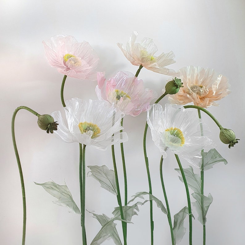 6 Organza Riesenmohnblumen mit 3 Knospen, Übergroße Blumen Hintergrunddekoration für Event & Fenster