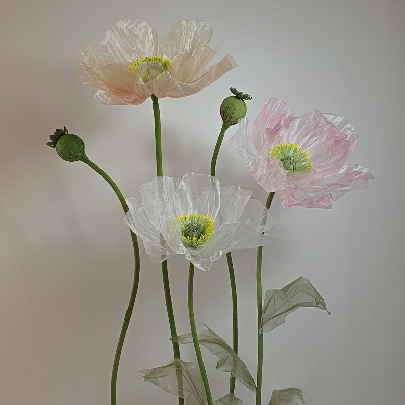 6 Organza Riesenmohnblumen mit 3 Knospen, Übergroße Blumen Hintergrunddekoration für Event & Fenster