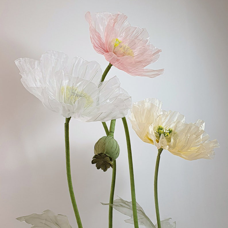 6 Organza Riesenmohnblumen mit 3 Knospen, Übergroße Blumen Hintergrunddekoration für Event & Fenster