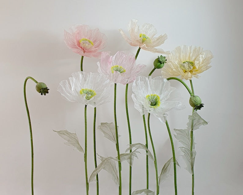 6 Organza Riesenmohnblumen mit 3 Knospen, Übergroße Blumen Hintergrunddekoration für Event & Fenster
