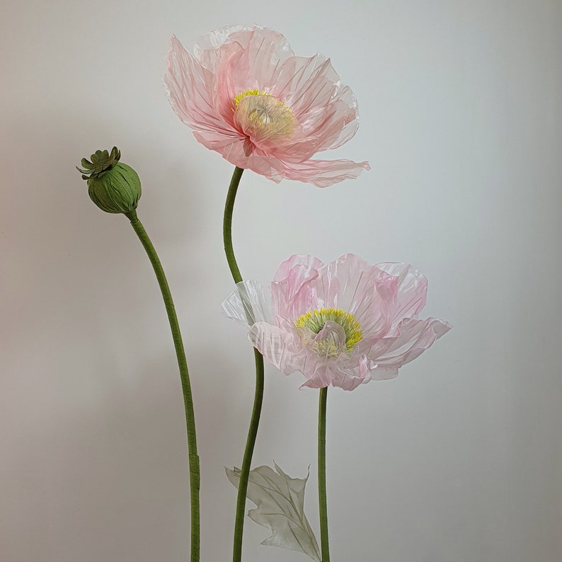 6 Organza Riesenmohnblumen mit 3 Knospen, Übergroße Blumen Hintergrunddekoration für Event & Fenster