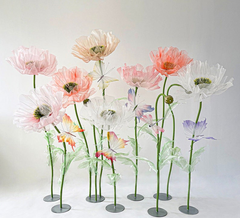 Organza-Mohnblumenset mit Schmetterlingen, 1,2-1,9 m, Riesenblumen für Events und Schaufenster