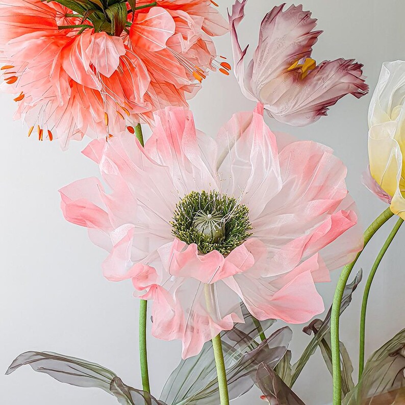 Riesige Organza Blumen als Dekoration für Events, Hochzeiten und Zuhause, 1,2-1,9m Höhe, in Rosa Weiß Orange