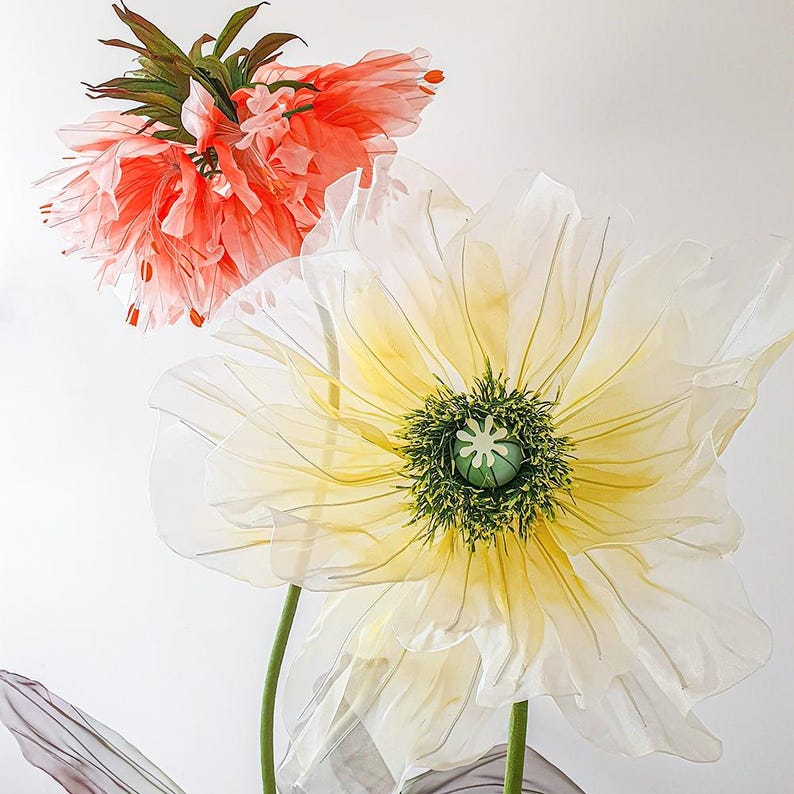 Riesige Organza Blumen als Dekoration für Events, Hochzeiten und Zuhause, 1,2-1,9m Höhe, in Rosa Weiß Orange