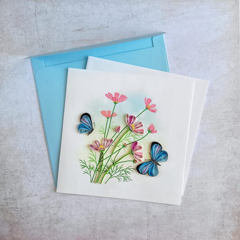 Quilling Grußkarte Schmetterlinge mit Blumen 3 - Handgefertigte Papierkunst, 15x15 cm