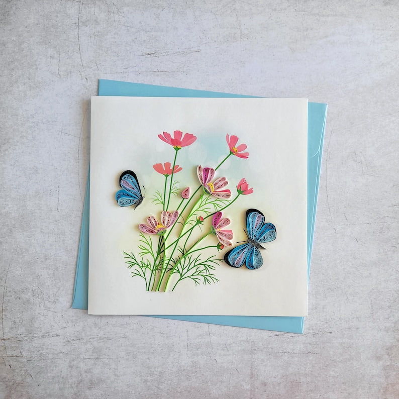 Quilling Grußkarte Schmetterlinge mit Blumen 3 - Handgefertigte Papierkunst, 15x15 cm
