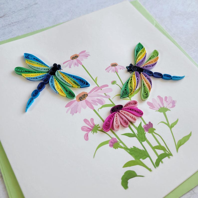 Quilling Grußkarte Libellen mit Blumen - Handgefertigte 3D Karte - 15 cm x 15 cm