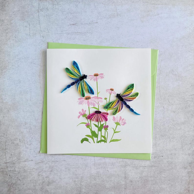 Quilling Grußkarte Libellen mit Blumen - Handgefertigte 3D Karte - 15 cm x 15 cm