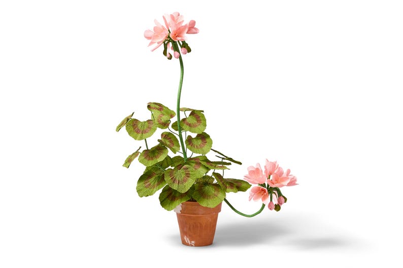 Geranie aus Krepppapier im Terrakotta Blumentopf, Rosa Papierblumen-Arrangement, 62 cm Hoch