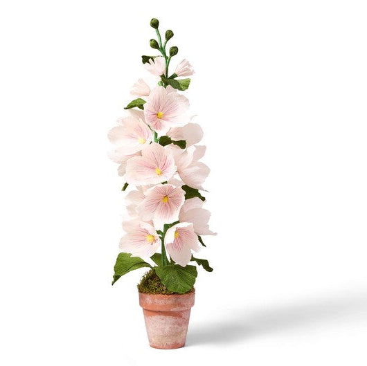 Krepppapier Stockrose im Terrakotta Topf, handgefertigte Papierblume, 63 cm hoch, englischer Gartenstil