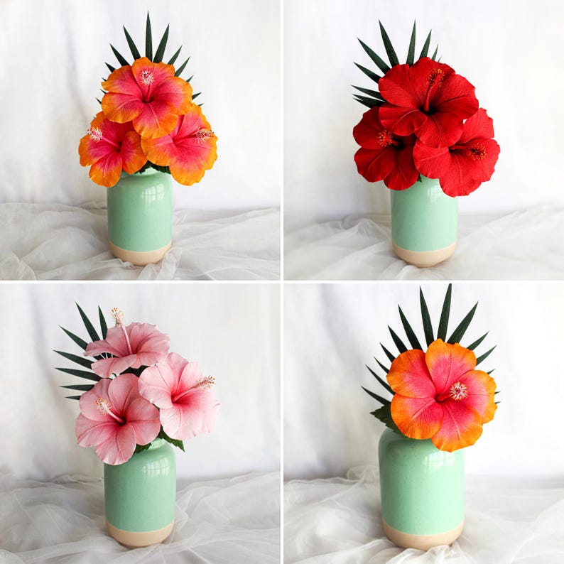 Hibiskus Papierblumen, tropischer Kreppstrauß für Strandhochzeit, Sommerdeko