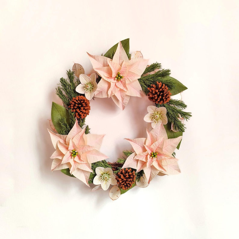 Weihnachtsstern-Kranz, Winter-Türdeko, Krepppapierblumen, Tannenzapfen, 40 cm, festliche Wanddekoration
