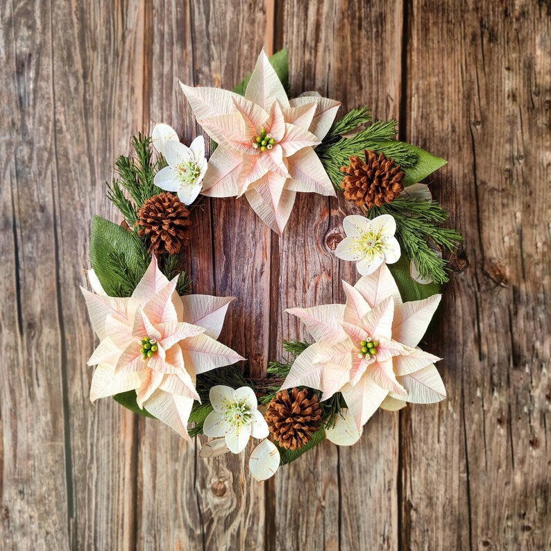 Weihnachtsstern-Kranz, Winter-Türdeko, Krepppapierblumen, Tannenzapfen, 40 cm, festliche Wanddekoration