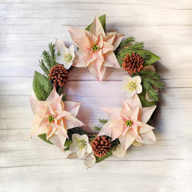 Weihnachtsstern-Kranz, Winter-Türdeko, Krepppapierblumen, Tannenzapfen, 40 cm, festliche Wanddekoration