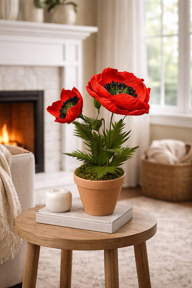 Roter Papiermohn im Topf, 20cm Durchmesser, 40cm Höhe, Keramiktopf, Metallstiel, handgefertigt