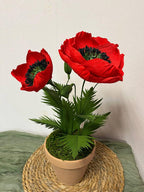 Roter Papiermohn im Topf, 20cm Durchmesser, 40cm Höhe, Keramiktopf, Metallstiel, handgefertigt