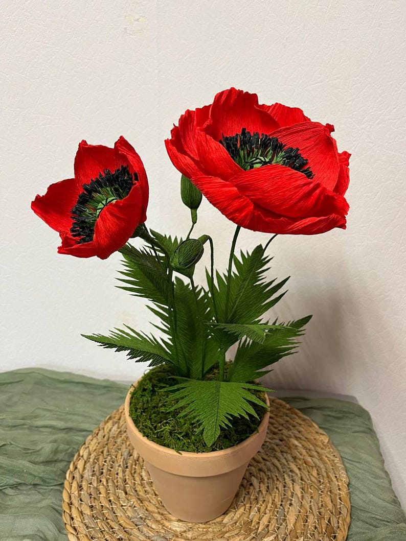 Roter Papiermohn im Topf, 20cm Durchmesser, 40cm Höhe, Keramiktopf, Metallstiel, handgefertigt