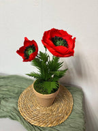 Roter Papiermohn im Topf, 20cm Durchmesser, 40cm Höhe, Keramiktopf, Metallstiel, handgefertigt