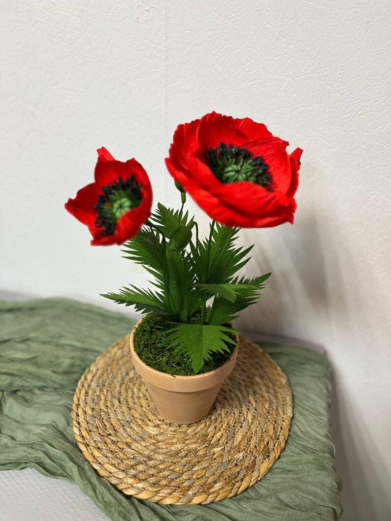 Roter Papiermohn im Topf, 20cm Durchmesser, 40cm Höhe, Keramiktopf, Metallstiel, handgefertigt