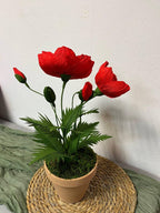 Roter Papiermohn im Topf, 20cm Durchmesser, 40cm Höhe, Keramiktopf, Metallstiel, handgefertigt
