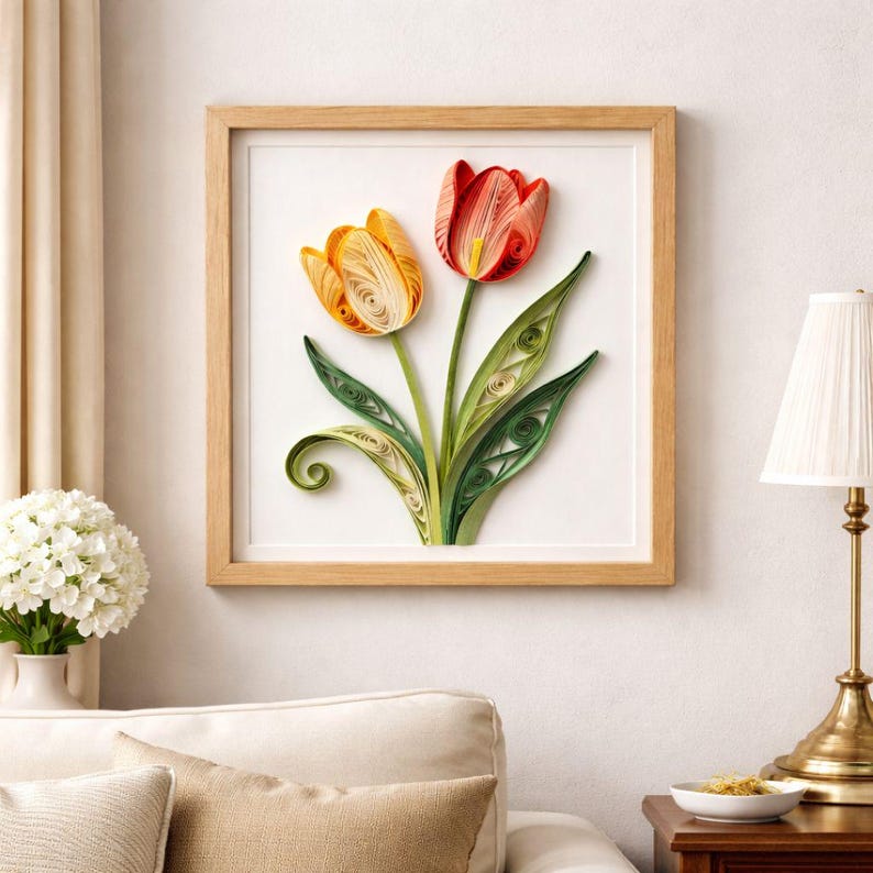 Handgemachte Papier Quilling Tulpen Wandkunst, Gerahmtes Blumendekor, 20 cm, Botanisches Wandbild
